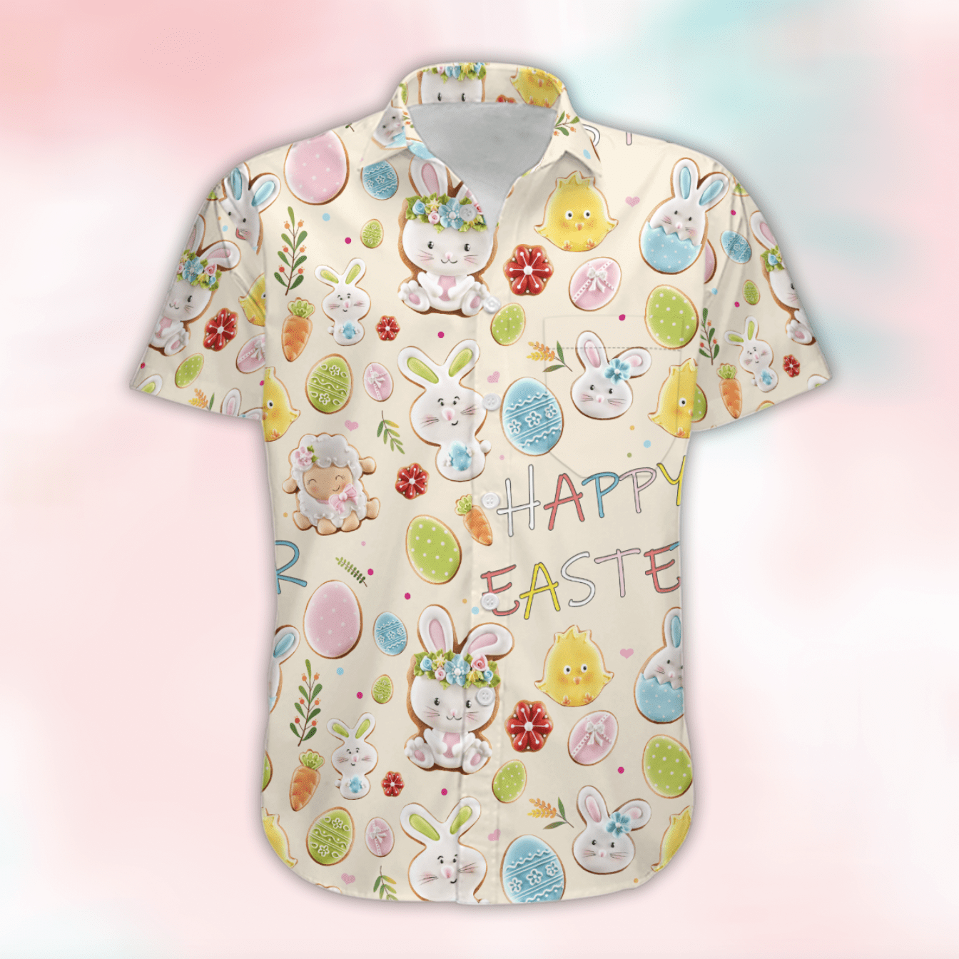 Beach Shirt Happy Easter Beige Sweet Bunny Lamb Chick Cookies Hawaiian Aloha Shirts