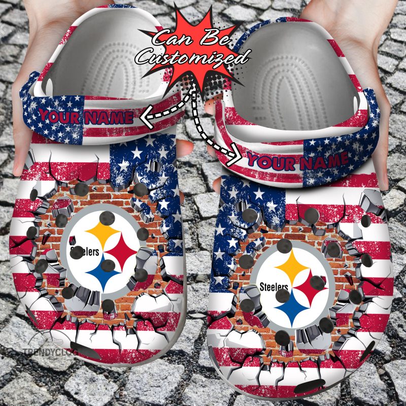 Football Personalized PSteelers American Flag Breaking Wall Clog Shoes