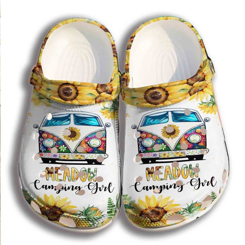 Camping Girl Croc Shoes For Girl – Sunflower Hippie Shoes Crocbland Clog Birthday Gifts For Niece Daughter