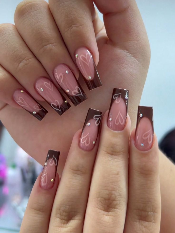 24pcs Full Cover Glossy Pink French Press On False Nails, Long Square With Rhinestone & Bowknot & Pearl Decor, Suitable For Daily Wear For Women