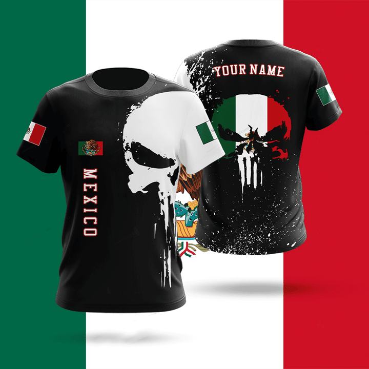 Skulls Printed With Flags Mexico Shirts, Personalized Name 3D All Over Print T-Shirt