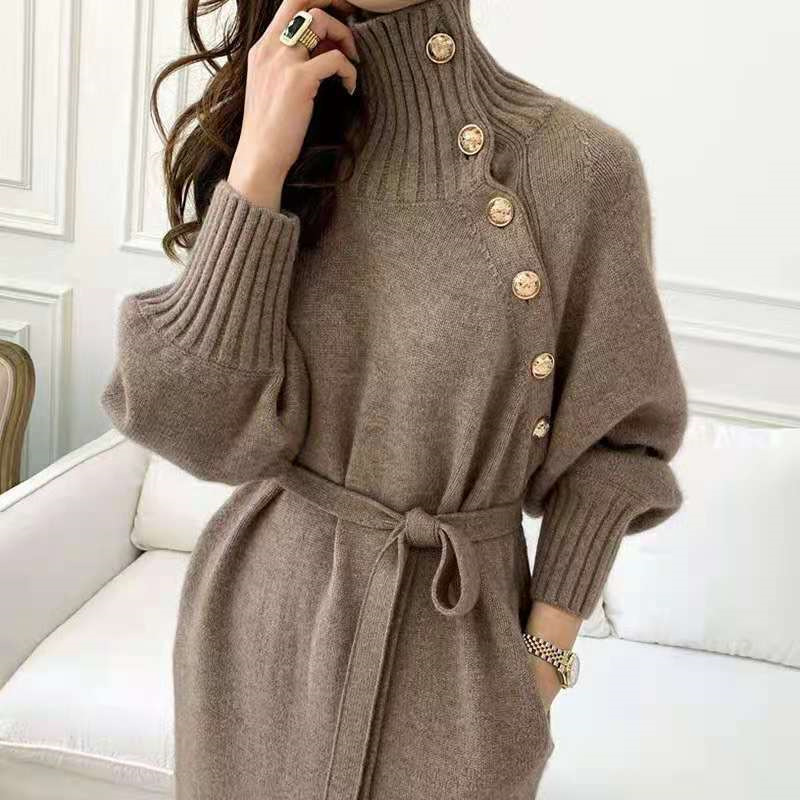 Women’s Knitted Dress Autumn Winter Turtleneck Buttons Full Sleeve Korean Dresses Warm Vestidos Female Clothes for New Year 2022 alx