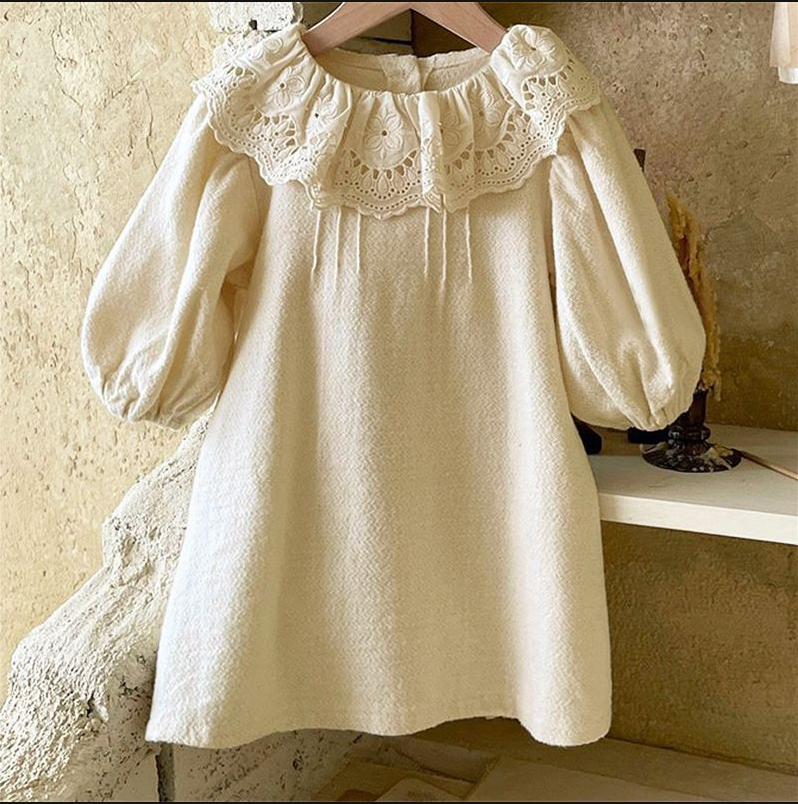 2783C Ins Korean Girl’s Dress 2022 Autumn New Long Sleeve Lace Lotus Leaf Lapel Girl’s Princess Dress alx