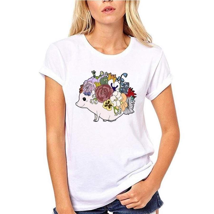 WOmen’s Casual Art Style Cute Watercolor Hedgehog Print T-Shirt WOmen Summer Modal Hipster Tees