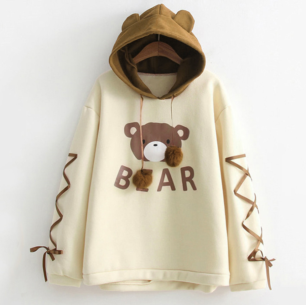 40#Women kawaii A Bear Cap Hoodies Sweatshirt Harajuku Top Women Long Sleeve A Ribbon Hair Ball Cute Sweat Hooded Jumper moletom alx