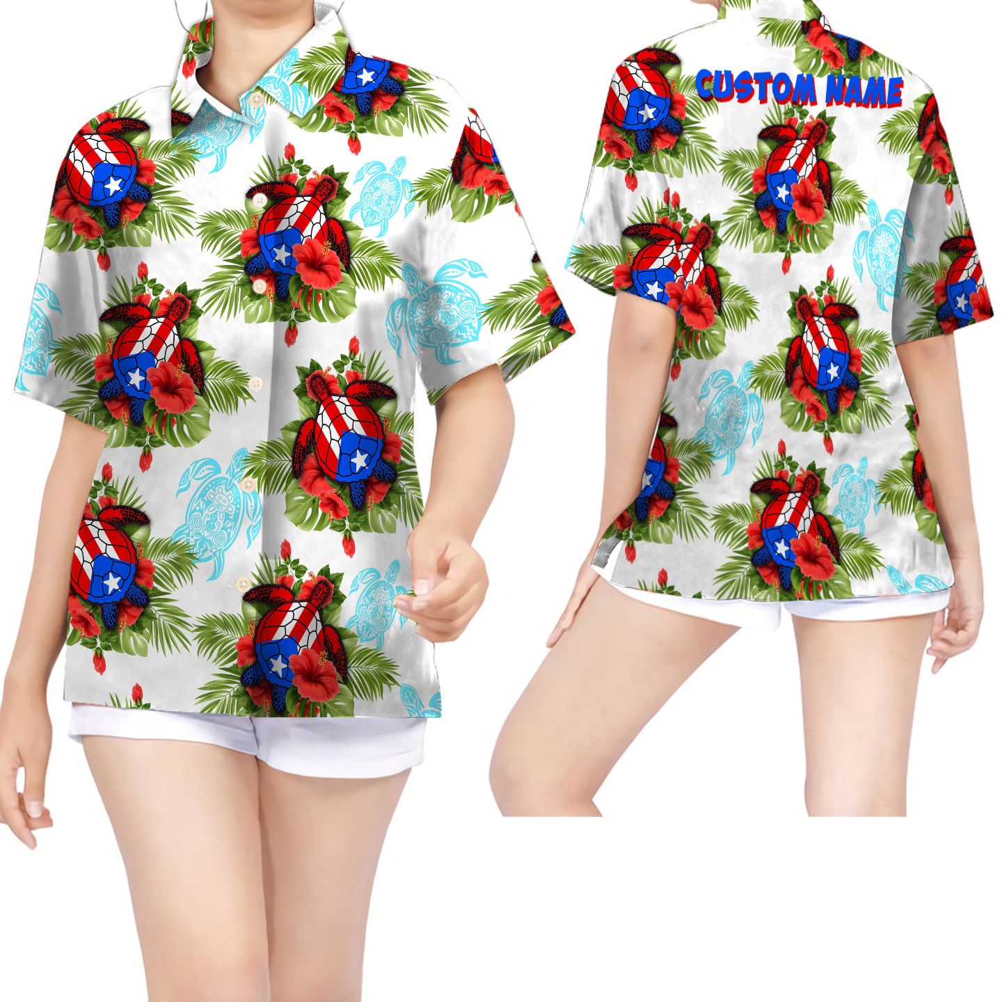 Turtle Puerto Rico Flag Hibiscus Custom Name Women Hawaii Shirt For Ricans Ha79651