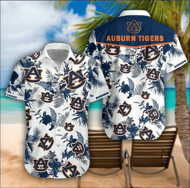 NCCA Auburn Tigers Blue Flowers White Hawaiian Shirt