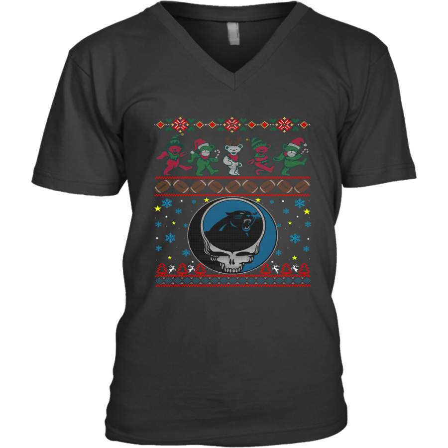 Carolina Panthers Christmas Grateful Dead Jingle Bears Football Ugly Sweatshirt Men’s V-Neck T-Shirt