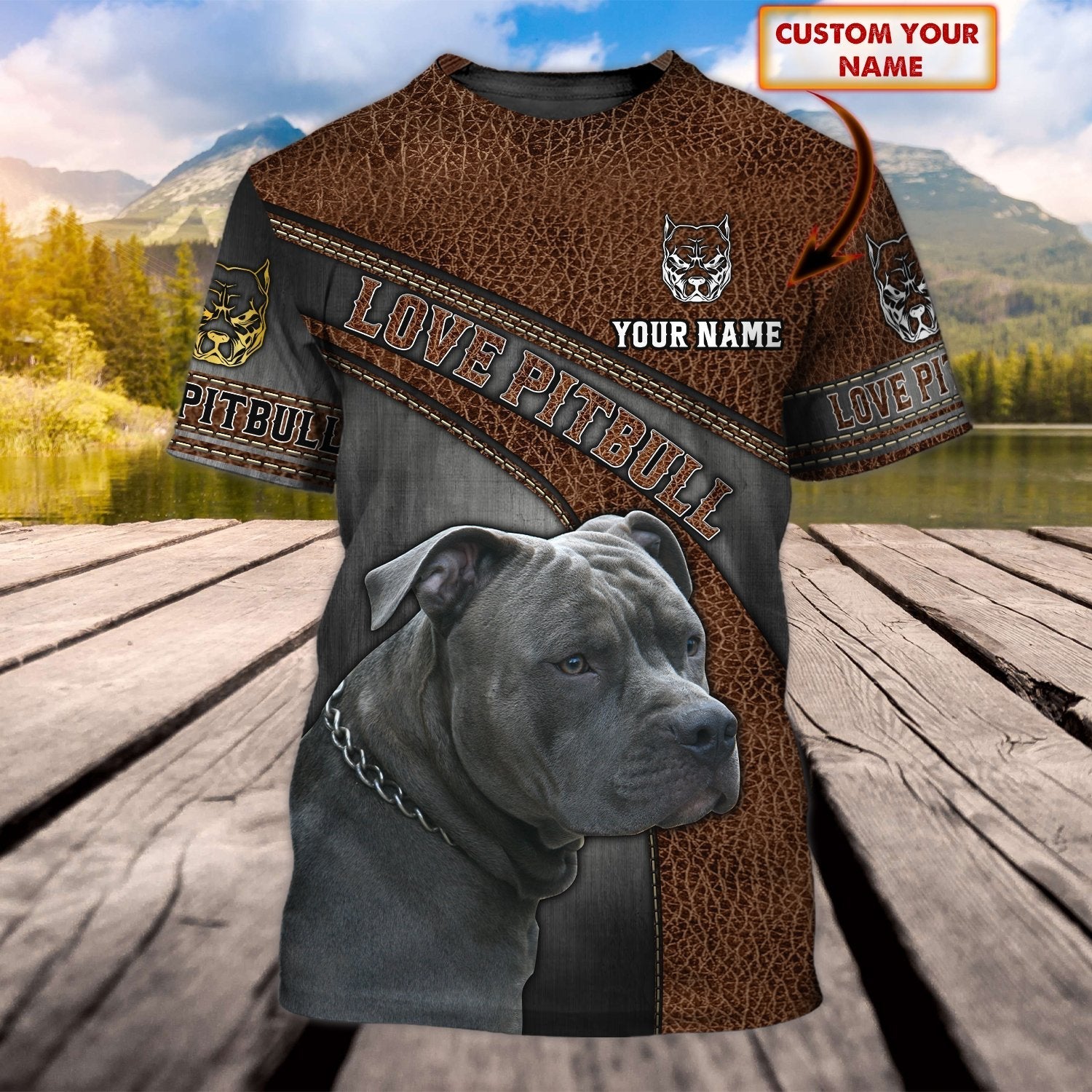 Custom Name Love Pitbull T Shirt Brown Leather Pattern