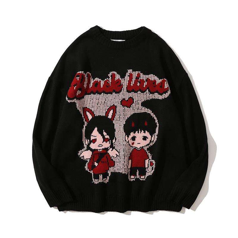 Angel Pattern Black Lived Couples Printed Pullover Knitwear Men Oversized Japanese Anime Cartoon Knitted Unisex Sweater Tops alx