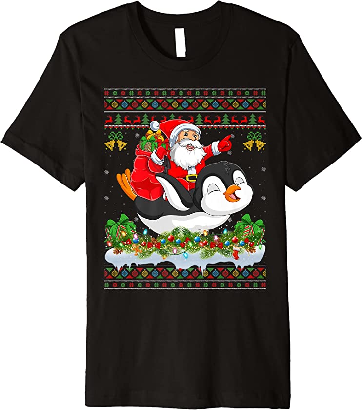 Penguin Bird Xmas Pajama Ugly Santa Riding Penguin Christmas Premium T-Shirt