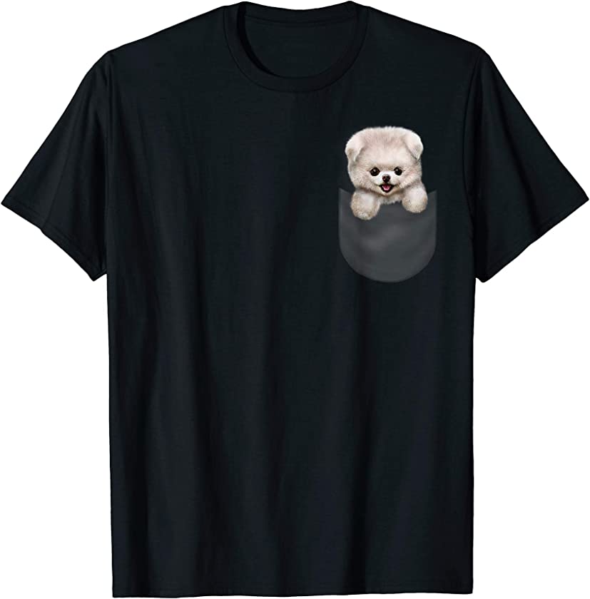 T-Shirt, Cute White Fluffy Pomeranian Puppy in Pocket, Dog