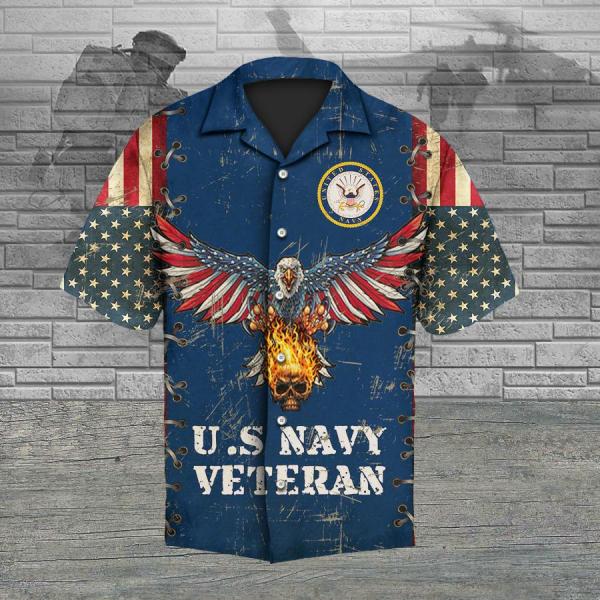 U.S Navy Veteran United States Navy Eagle And Fire Skull American Flag Veterans Day Hawaiian Shirt