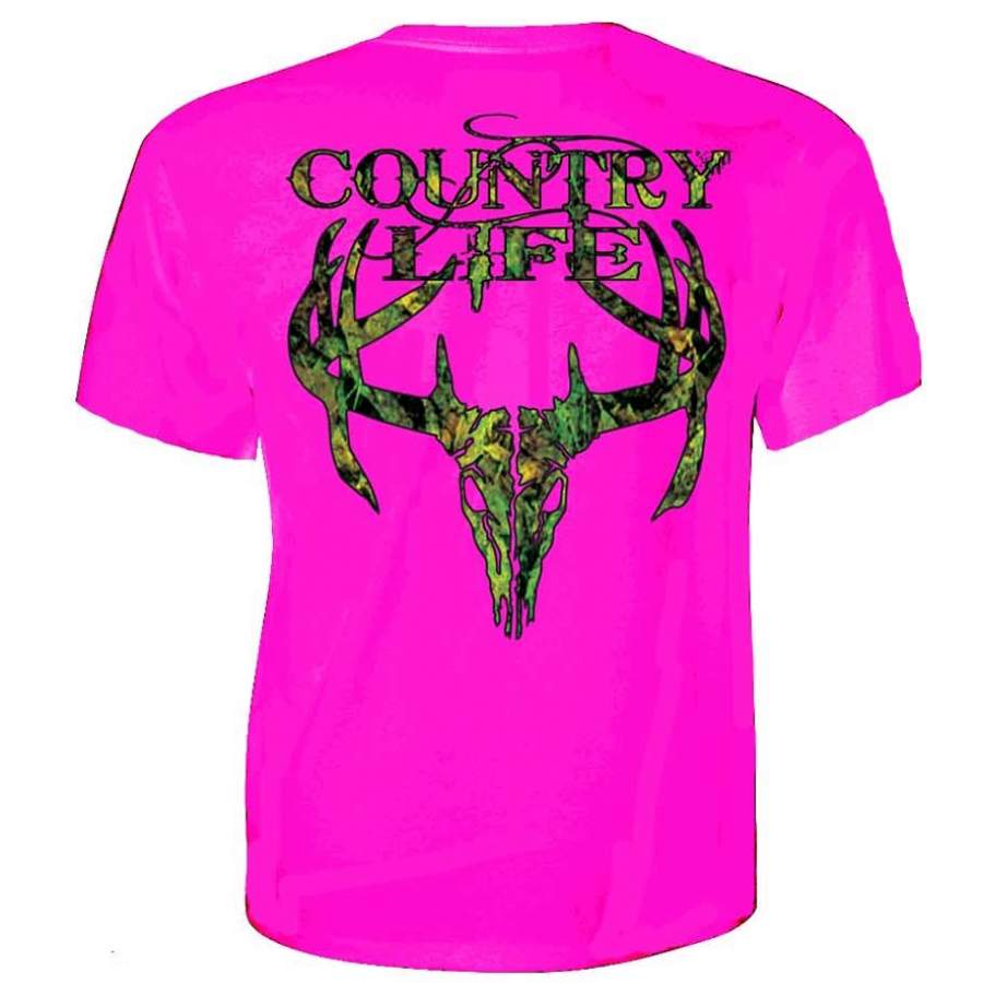 Country Life Outfitters Pink Camo Realtree Deer Skull Head Hunt Vintage Bright T Shirt