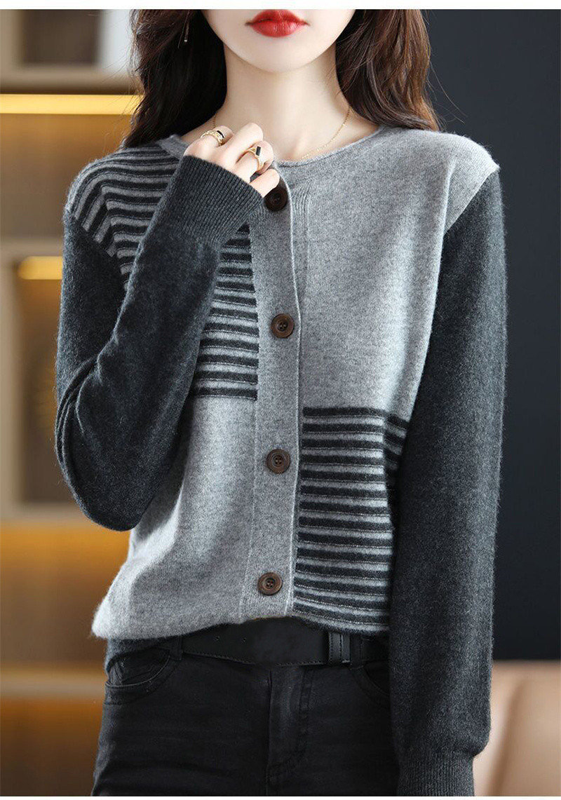 2022 Fall Winter Vintage Elegant Simple Striped Soft Knitted Sweater Women Casual Loose O Neck Long Sleeve Button Coat Cardigan alx