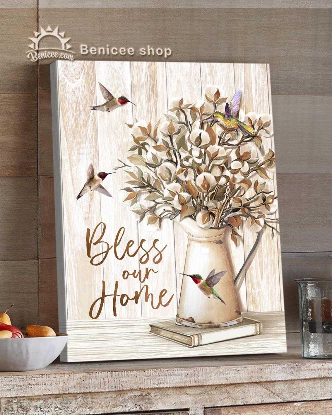 Benicee Home Decor Top 5 Wrapped Canvas Bless Our Home Cotton Flowers Hummingbirds