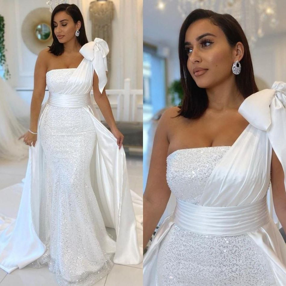 Arabic Dubai Mermaid White Evening Dress One Shoulder Formal Prom Party Gowns With Bow Satin And Sequined Overskirt Vestidos De alx