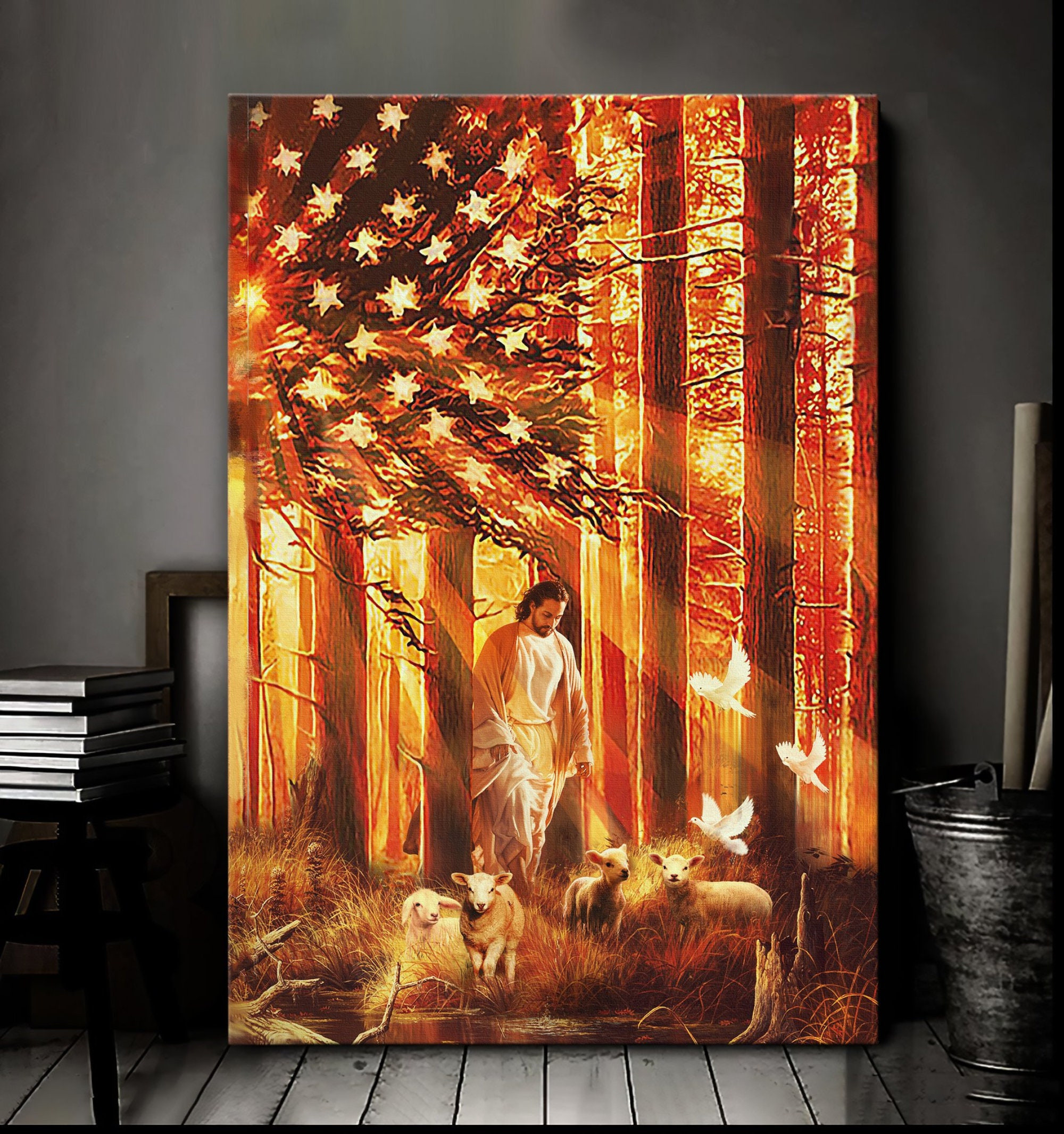 Jesus Canvas, American Flag Canvas, Lamb Canvas, God Canvas, Christian Canvas | Wall Decor | 4Th Of July, Thanksgiving, Christmas Gift