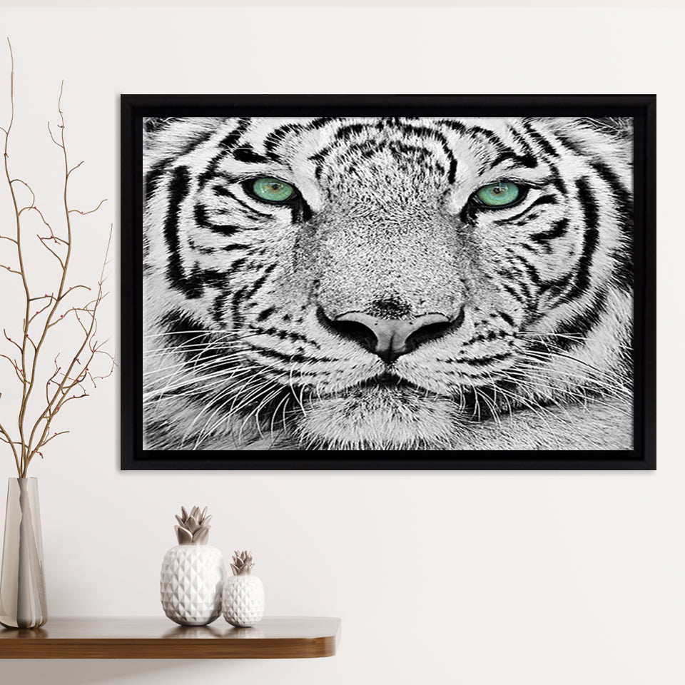 White Tiger Green Eyes Framed Canvas Print – Canvas Painting, Canvas Art, Wall Art, Wall Decor