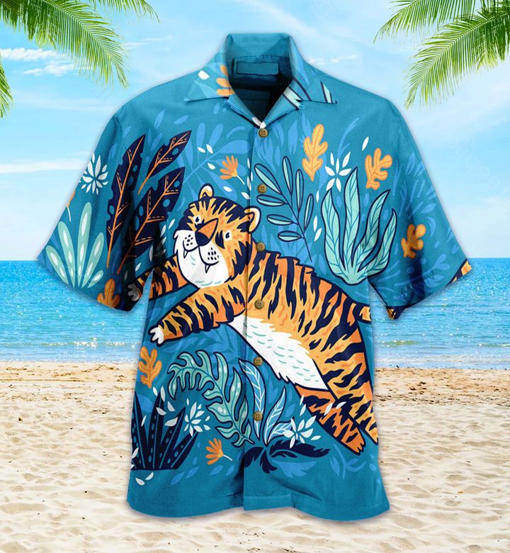 Tiger Cute Floral Blue Hawaii Shirt Ha67293