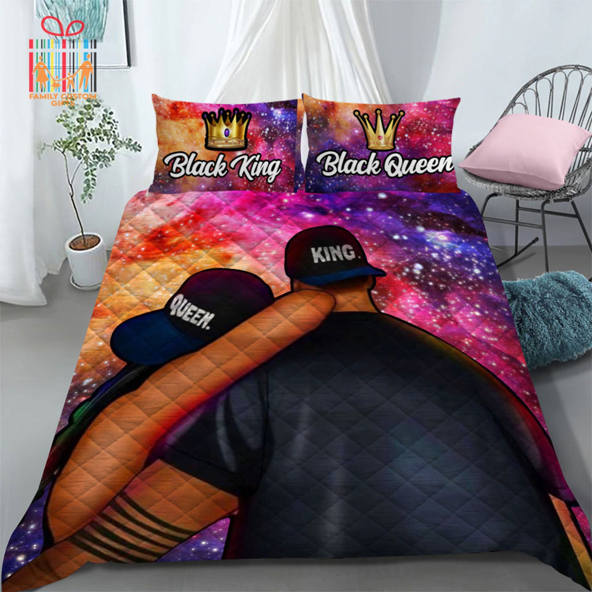 Custom Quilt Sets For Teens Adult African American Black King And Queen Personalized Quilt Bedding For Couple