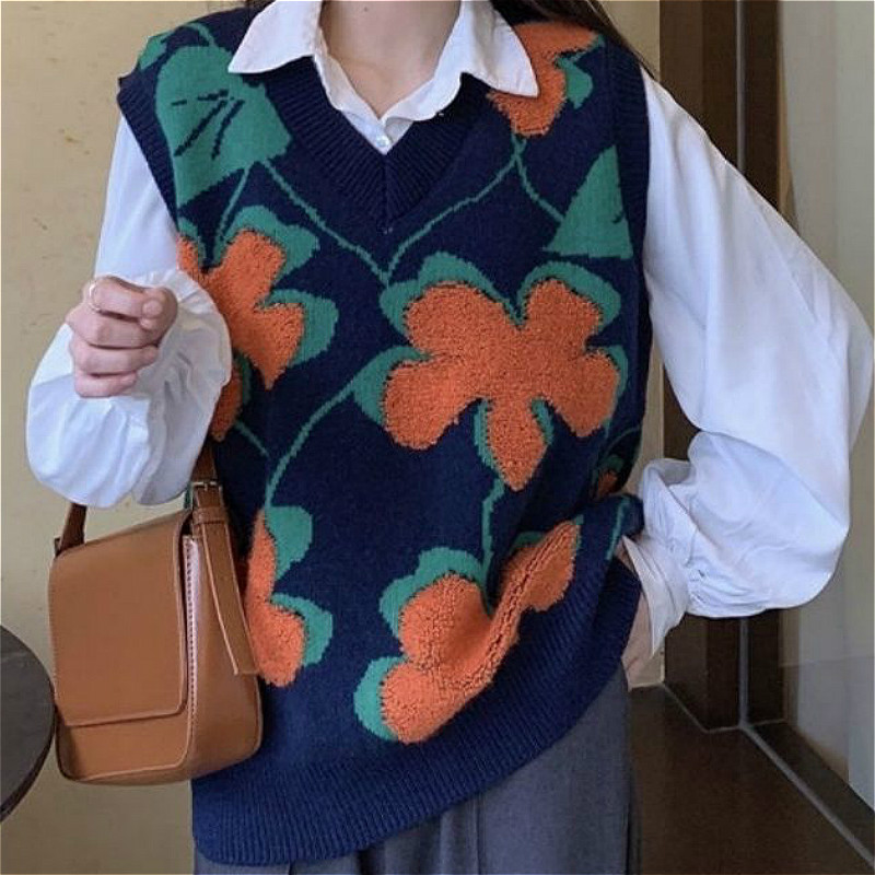 Sweaters Vest Women Sleeveless V-neck Floral Panelled Warm Harajuku Chic All-match Ulzzang Knitting Loose Comfortable Female Ins alx