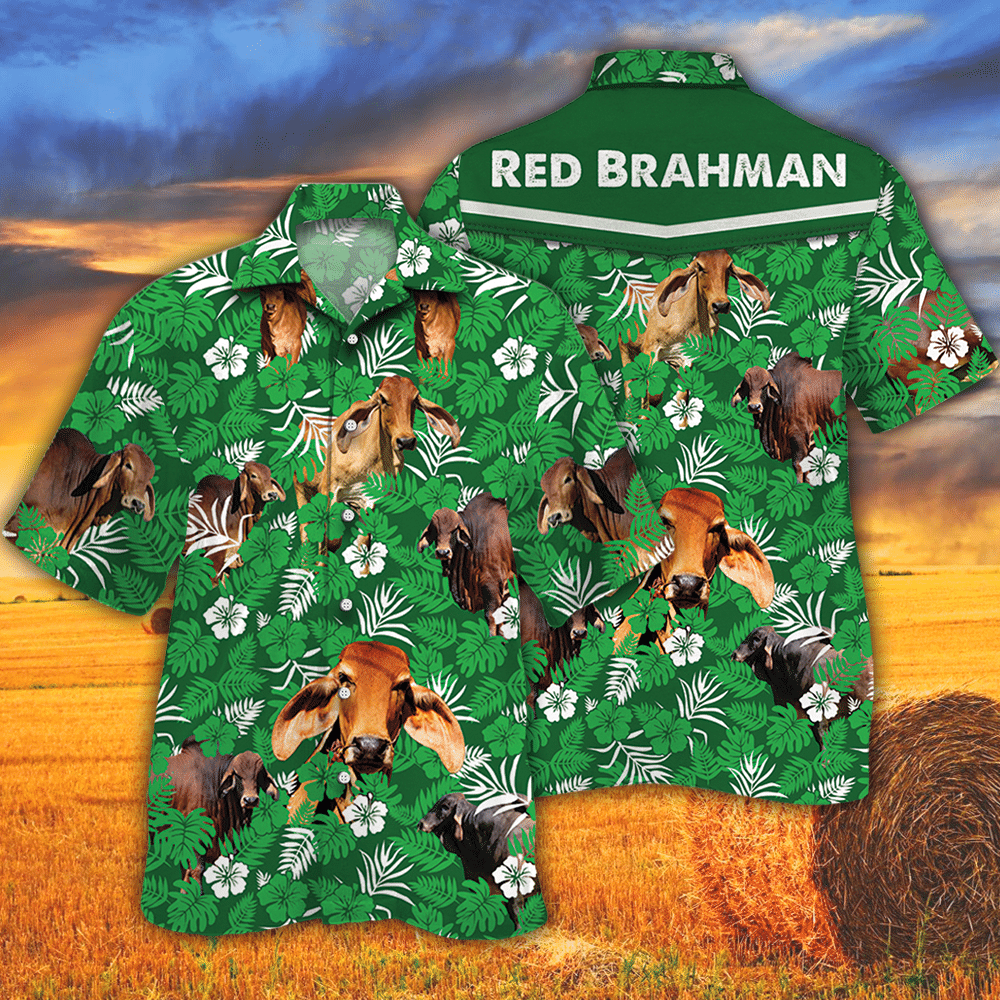 Red Brahman Cattle Lovers Green Floral Pattern Hawaii Cow Hawaii Shirt For Men Women Ha72596