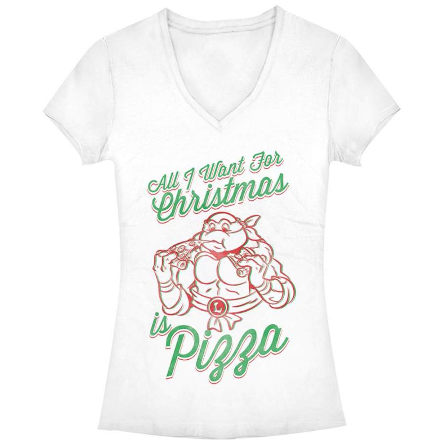 Teenage Mutant Ninja Turtles Junior’s Christmas I want Pizza  T Shirt White