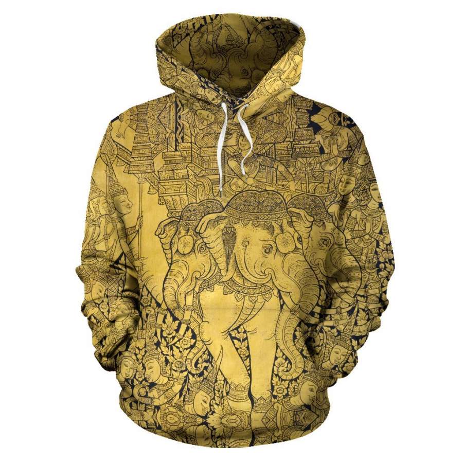 Thai Golden Elephant Print Women Men All Over Graphic Hoodie