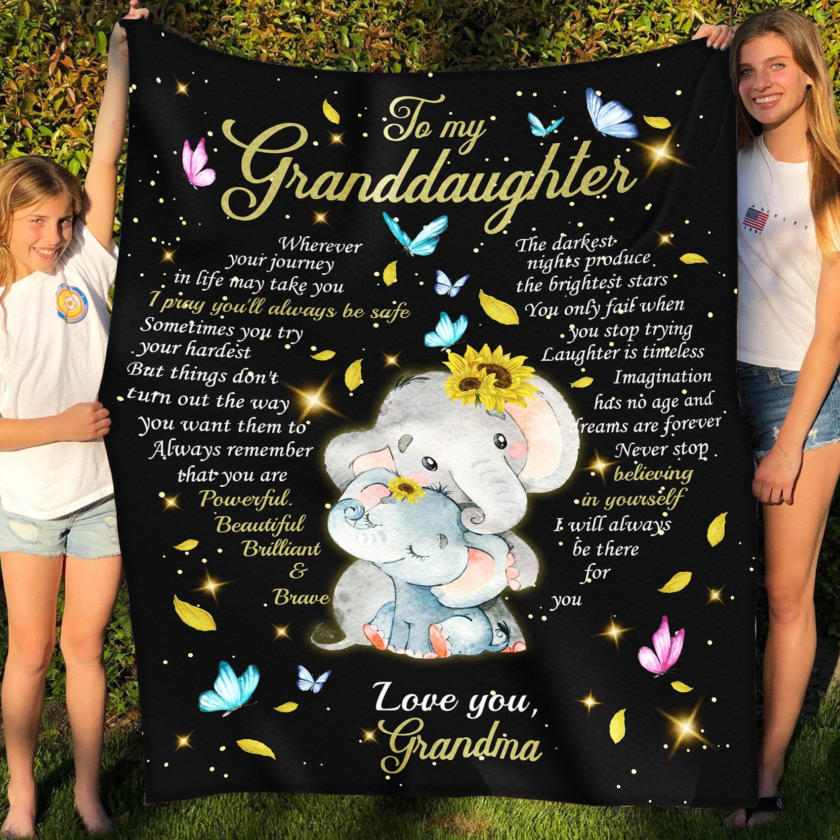 Personalized Elephant Butterfly To My Granddaughter Fleece Blanket From Grandma The Darkest Nights Produce The Brightest Stars Great Customized Blanket Gifts For Birthday Christmas Thanksgiving