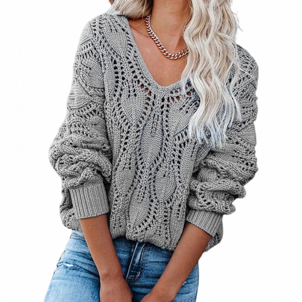 Casual Sweaters Solid V-Neck Sweater Women Loose Hollow Out Knitwear Female Autumn Winter Long Sleeve Pullovers alx