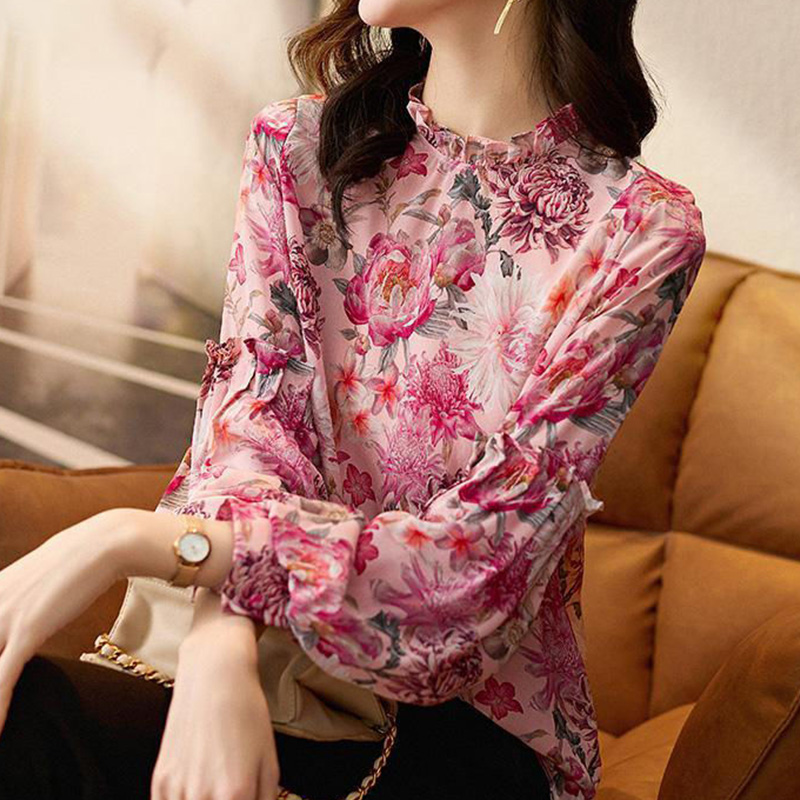 Spring Summer Elegant Fashion Ruffled Floral Print Lantern Long Sleeve Chiffon Shirt Top Ladies Temperament Wild Pullover Blouse alx