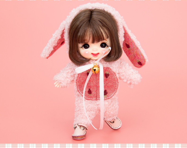 OB11 doll dress size new fashion super cute Bell rabbit ears cute versatile strawberry pattern pink onesie suit alx