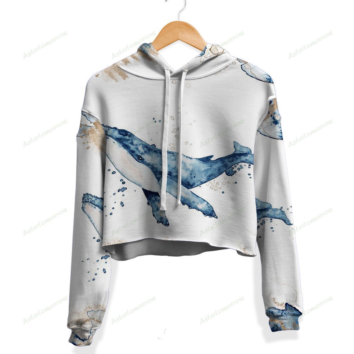 Whale Crop Top Hoodie, Watercolor Whale Crop Top Hoodie