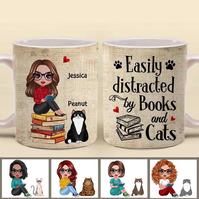 Books And Cats Doll Girl Personalized Aop Mug