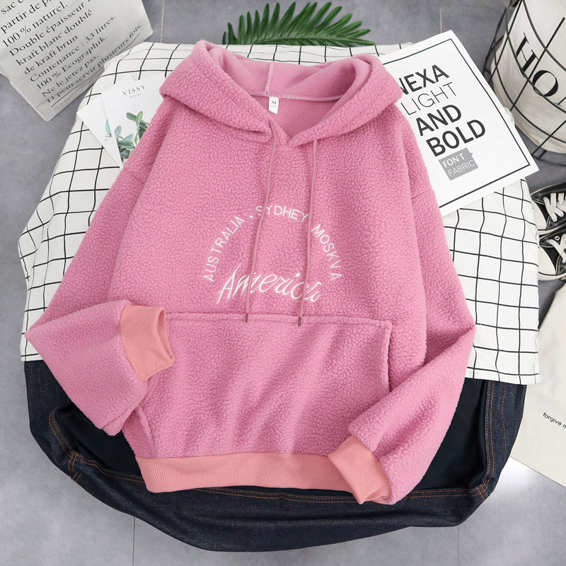 Casual Loose Long Sleeve Female Tops Autumn Winter Fashion Warm Hooded Women Sweatshirt Letter Embroidery Print Hoodies Harajuku alx