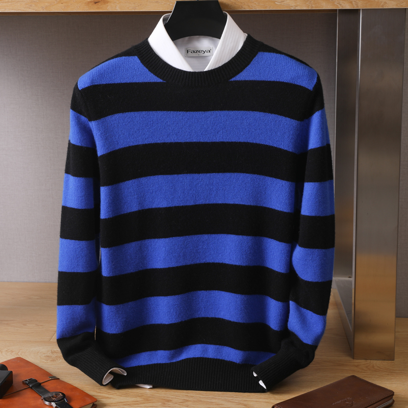 100% Pure Wool Sweater Men’s Round neck Pullover Korean Fashion Knitting Stripe Top Autumn and Winter New Shirt alx