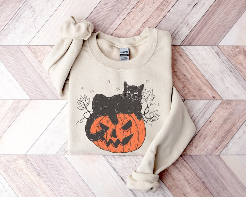 Cute Halloween Black Cat Sweatshirts, Spooky Pumpkin Halloween Sweatshirt Crewneck Sweatshirt All Over Print Sweatshirt For Women Sweatshirt For Men