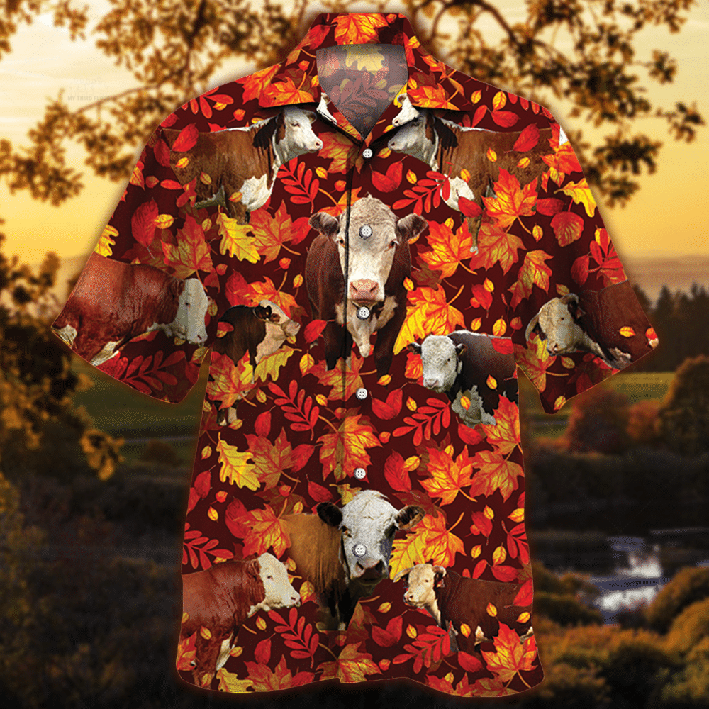 Hereford Cattle Lovers Autumn Red Leaves Hawaii Cow Hawaii Shirt For Men Women Ha1440