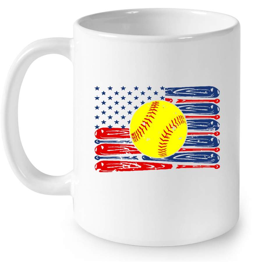 Vintage Softball American Flag Shirt 4th Of July B – Full-Wrap Coffee White Mug