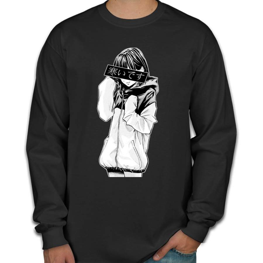 COLD (Black and White) – Sad Japanese Aesthetic Men Long Sleeve Shirt