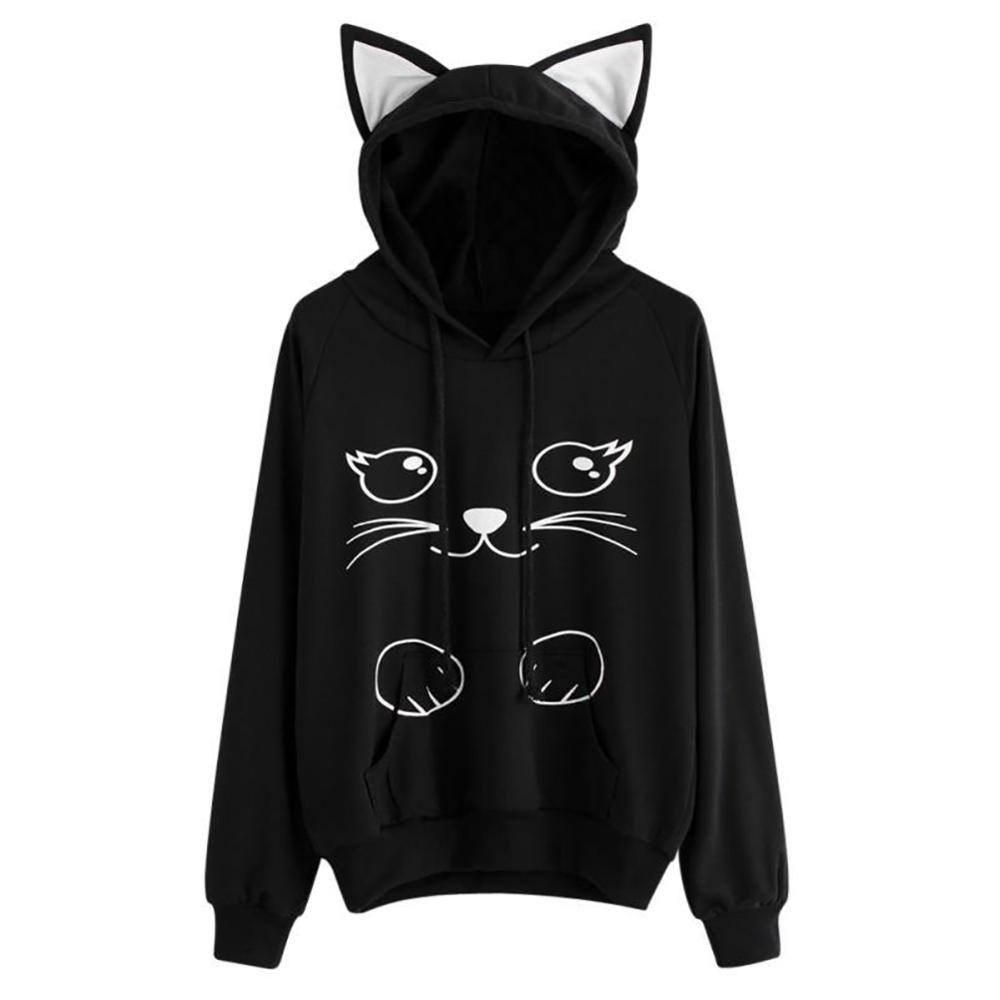 Women Cat Ear Loose Long Sleeve Hooded Pullover Sweatshirt Coat Print Cat Cartoon Winter Take Inside Sweatshirts alx