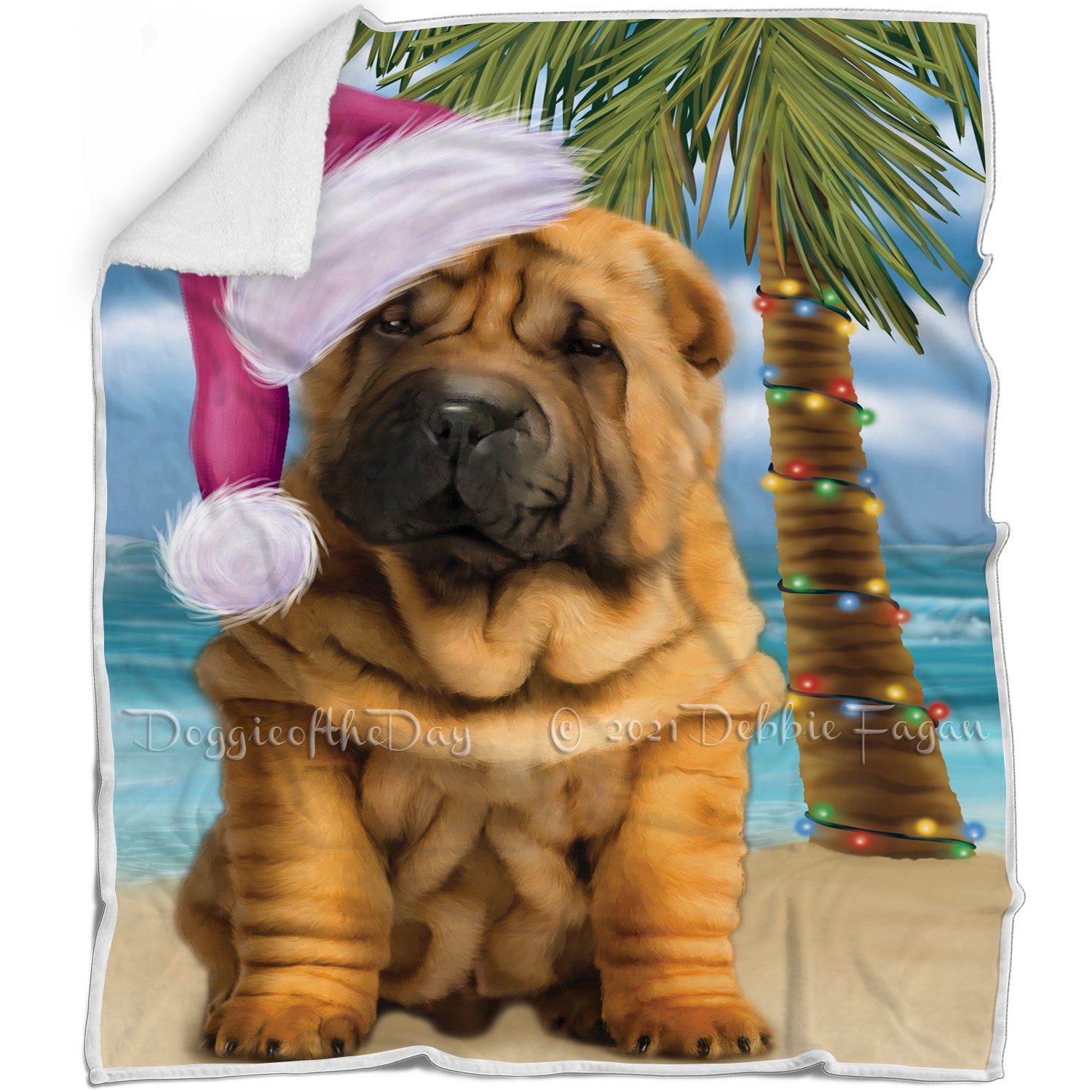 Summertime Happy Holidays Christmas Shar Pei Puppy Dog On Tropical Island Beach Blanket D138