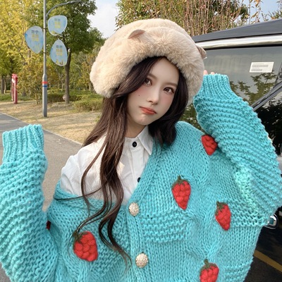 2022 Sweet Strawberry Sweater Soft Glutinous Thick Cardigan Jacket Autumn and Winter Loose Women’s V-neck Chunky Wool Knit Top alx