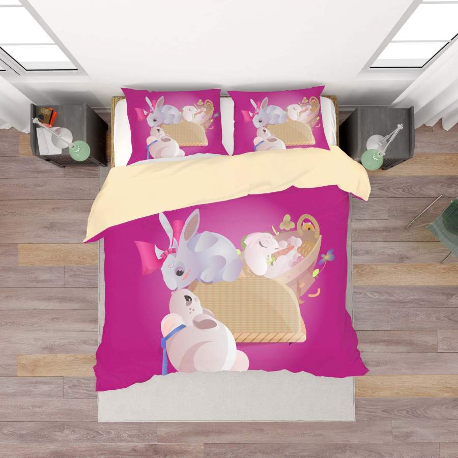 3D Pink Rabbit Basket Quilt Cover Set Bedding Set Duvet Cover Pillowcases SF13