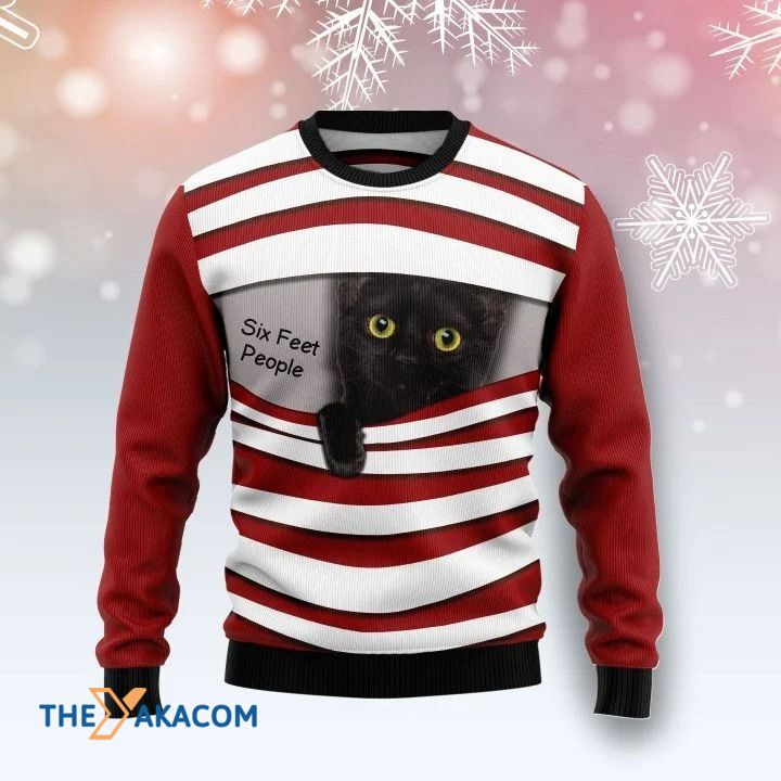 Black Cat Torn Window Six Feet People Gift For Christmas Ugly Christmas Sweater