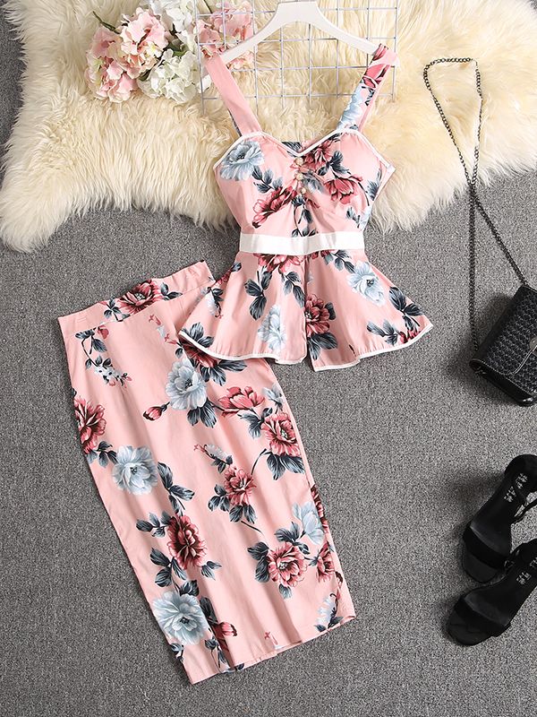 ALPHALMODA 2020 New Sweet Tank Top + Straight Skirt Women 2pcs Suit Ruffled Printed Blouses Outfit Knee Length Skirt Set alx