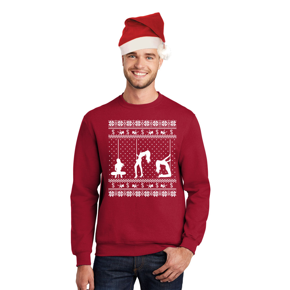 Stripper Silhouette Ugly Christmas Sweater Red Mens Crewneck Sweatshirt With Santa Hat