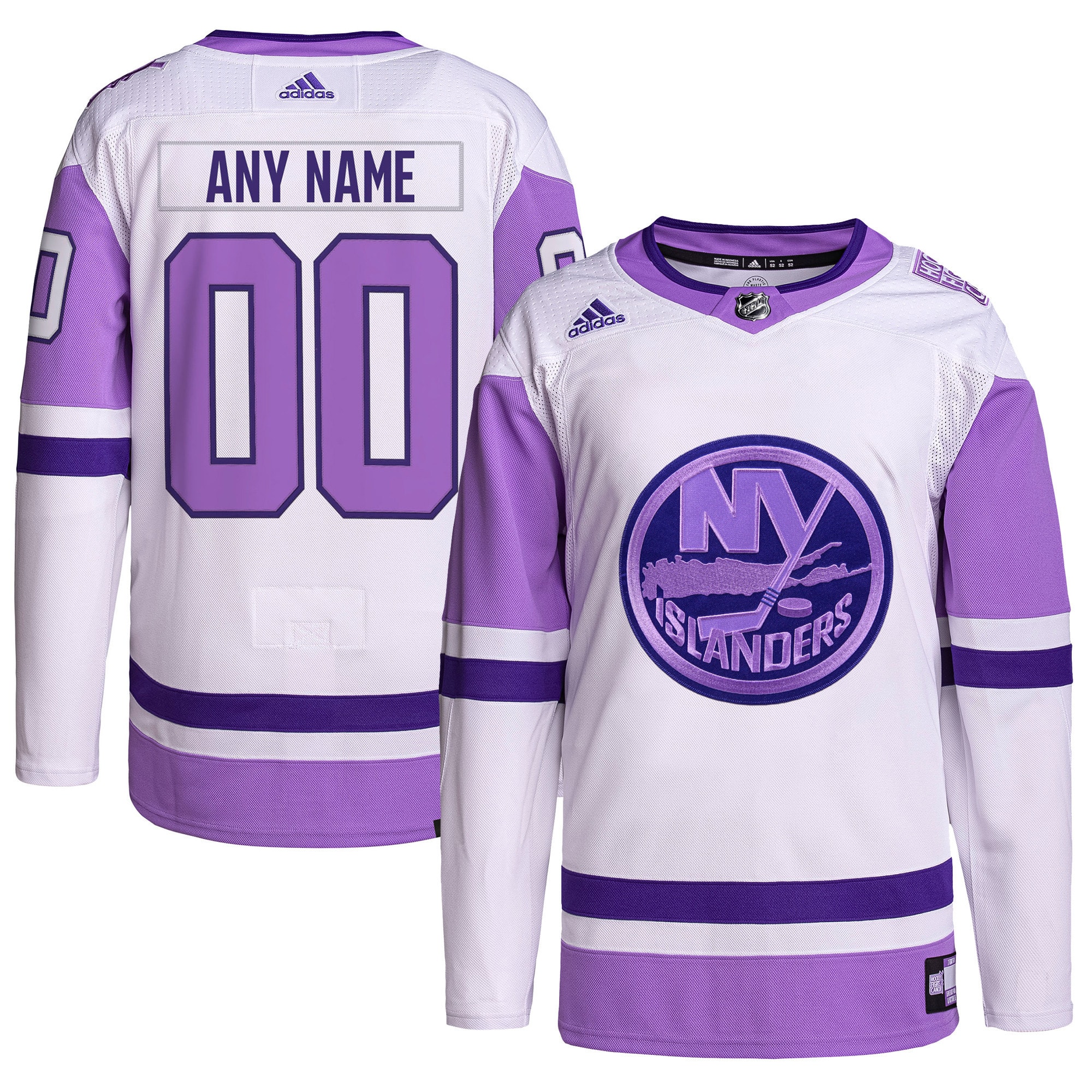 Men's New York Islanders adidas White/Purple Hockey Fights Cancer Primegreen Authentic Custom Jersey