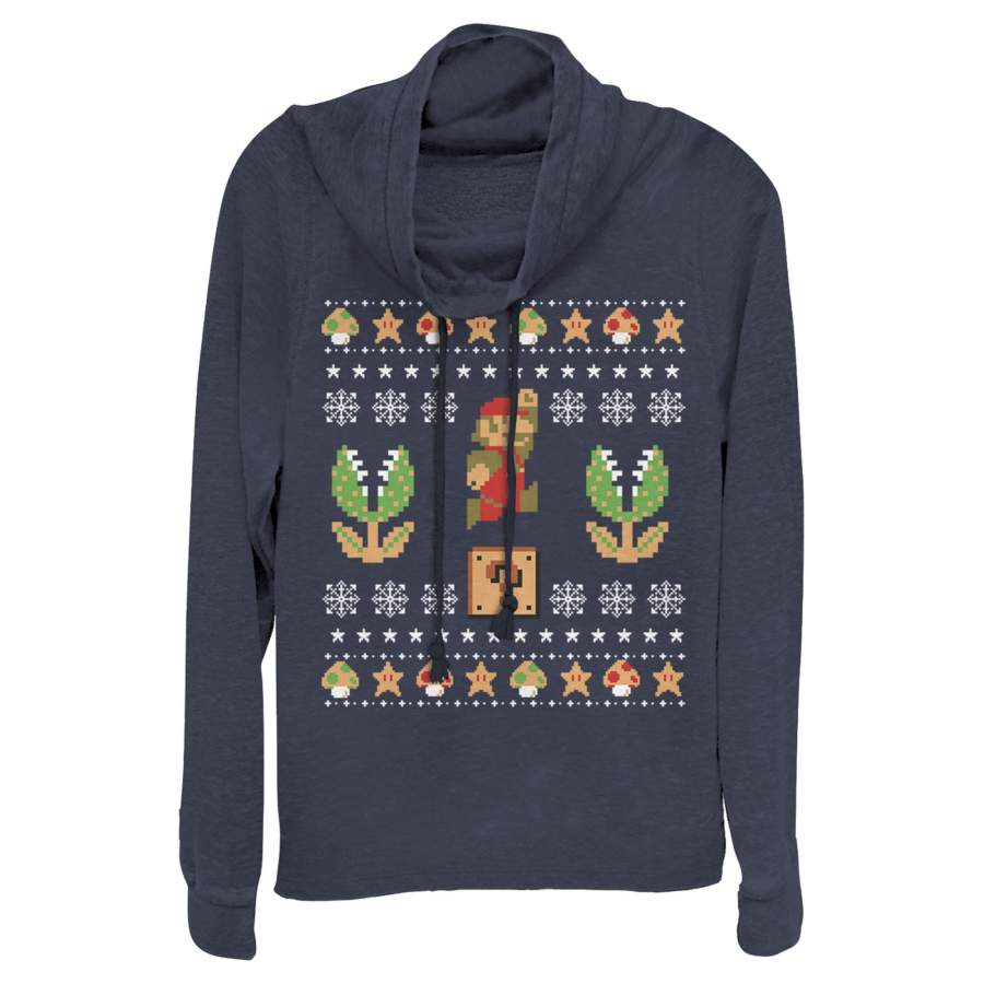 Nintendo Junior’s Ugly Christmas Mario Question  Cowl Neck Sweatshirt